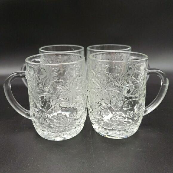 Princess House Fantasia Mugs Set of 4 Pressed Glass 4" 1965-2020 Floral - Picture 1 of 8